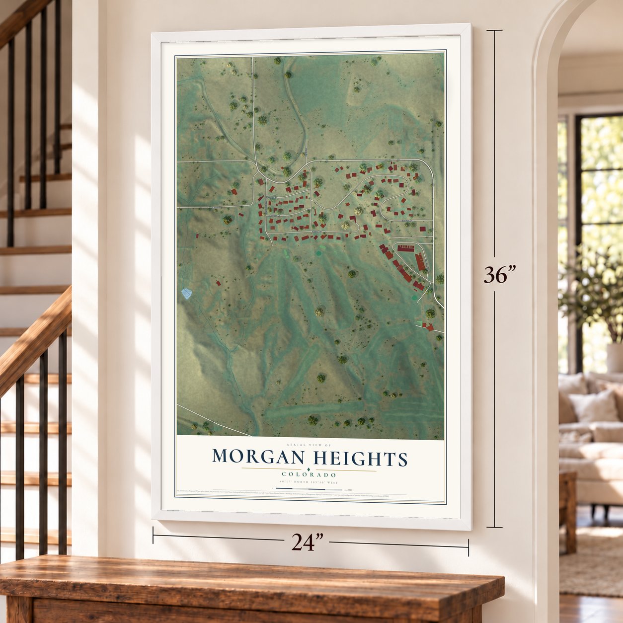 Morgan Heights, Colorado map, 24 x 36 inch print in a white frame by a staircase
