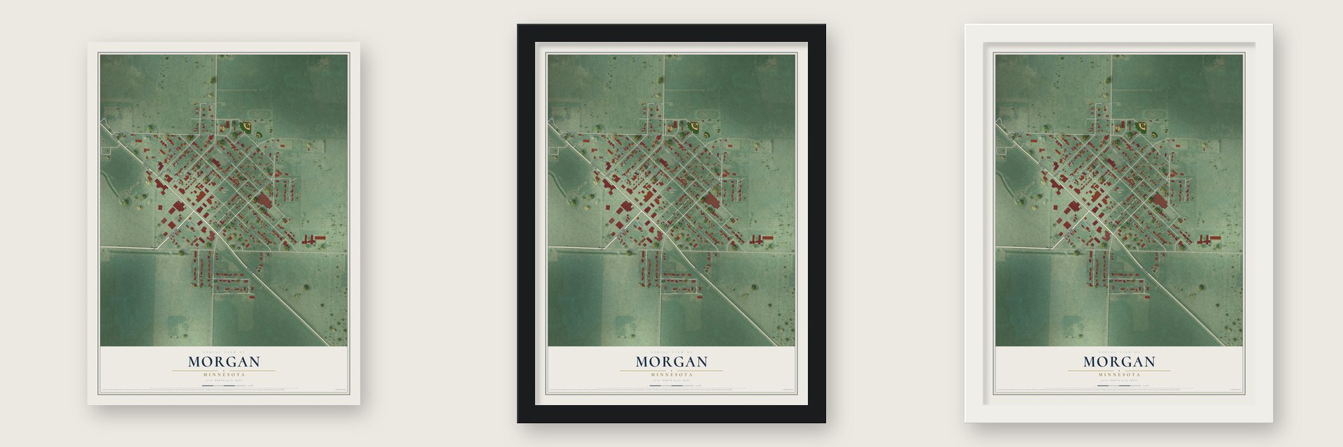 Morgan, Minnesota map unframed, in a black wood frame and in a white wood frame