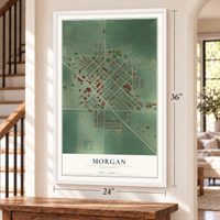 Morgan, Minnesota map, 24 x 36 inch print in a white frame by a staircase