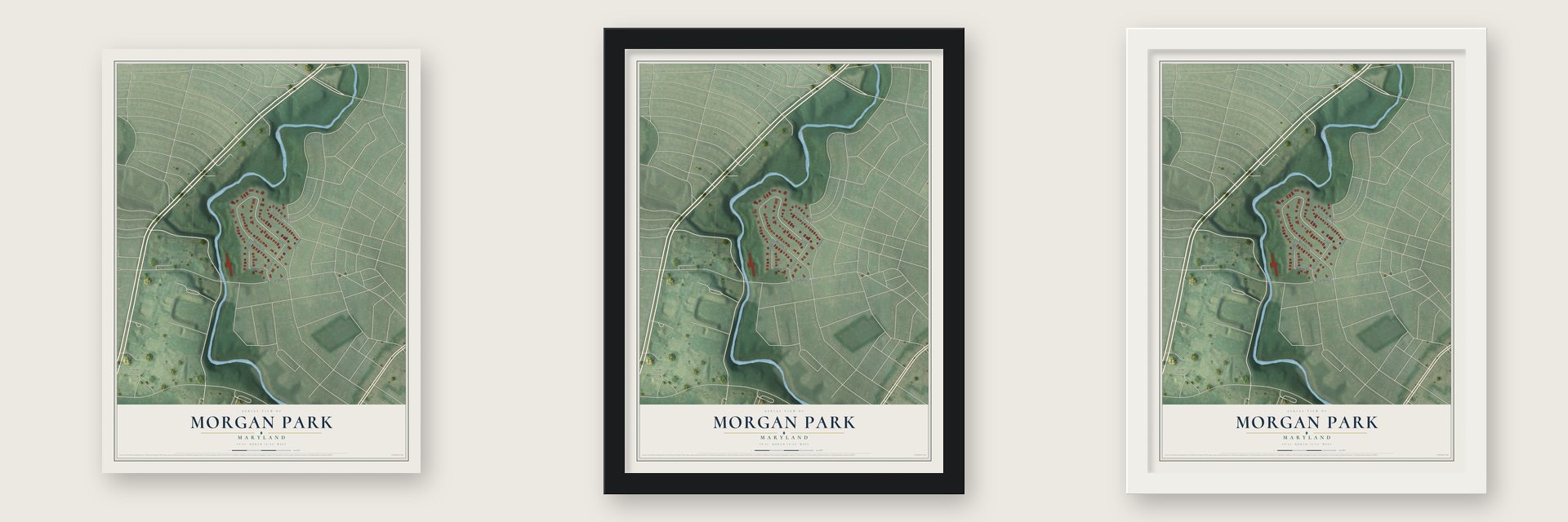 Morgan Park, Maryland map unframed, in a black wood frame and in a white wood frame