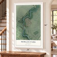 Morgan Park, Maryland map, 24 x 36 inch print in a white frame by a staircase