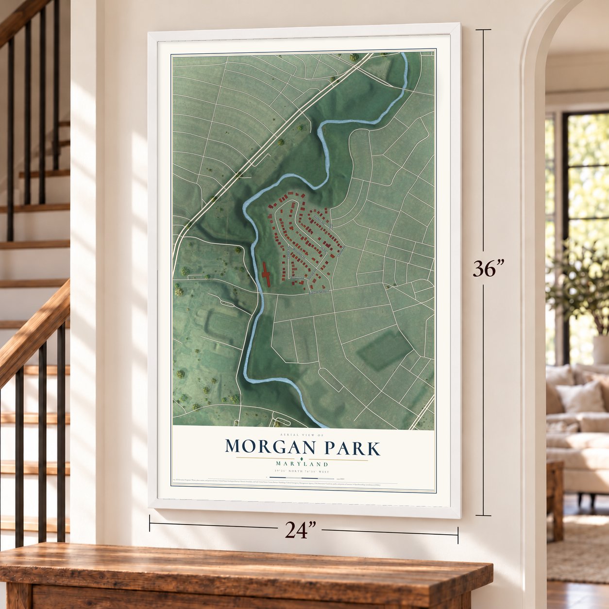 Morgan Park, Maryland map, 24 x 36 inch print in a white frame by a staircase