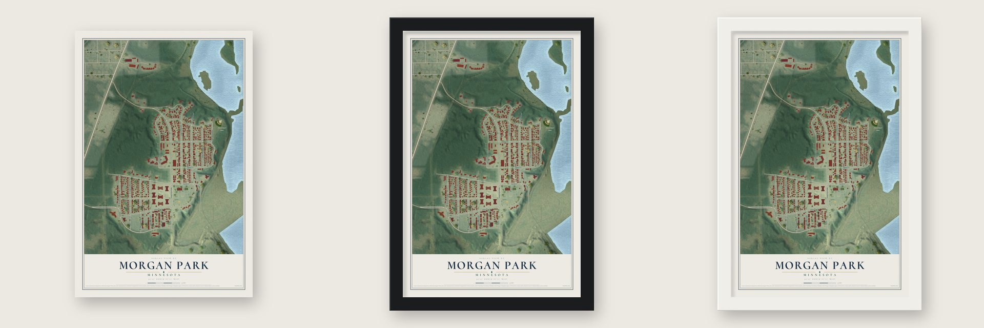 Morgan Park, Minnesota map unframed, in a black wood frame and in a white wood frame