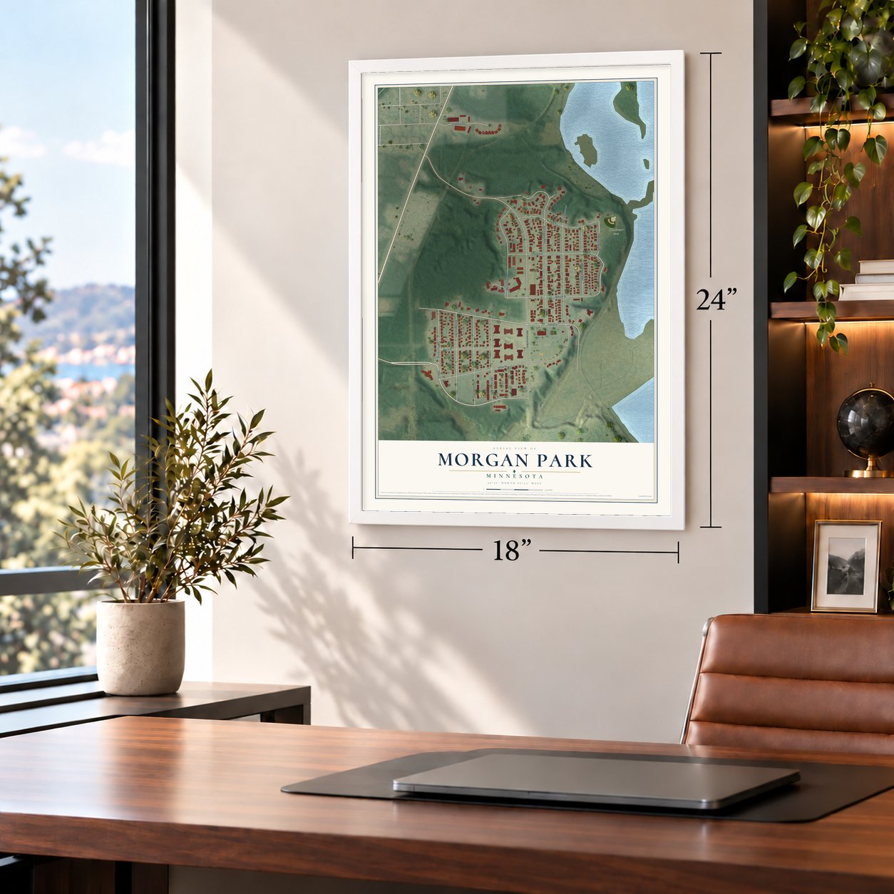 Morgan Park, Minnesota map, 18 x 24 inch print in a white frame in a home office