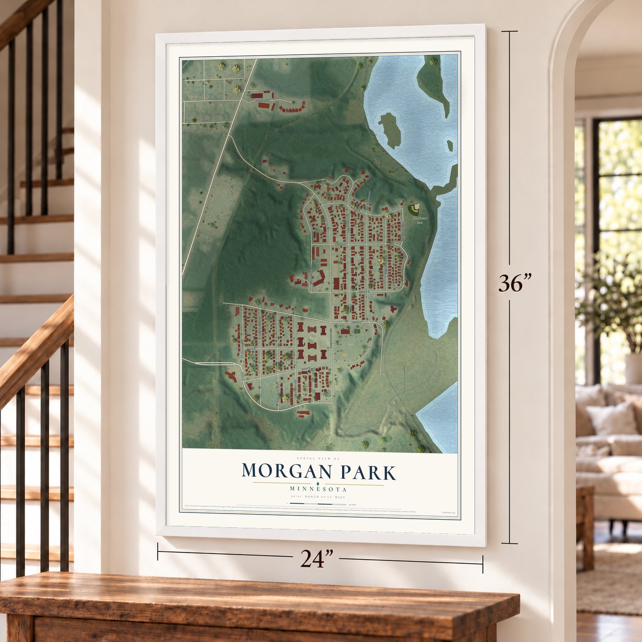 Morgan Park, Minnesota map, 24 x 36 inch print in a white frame by a staircase