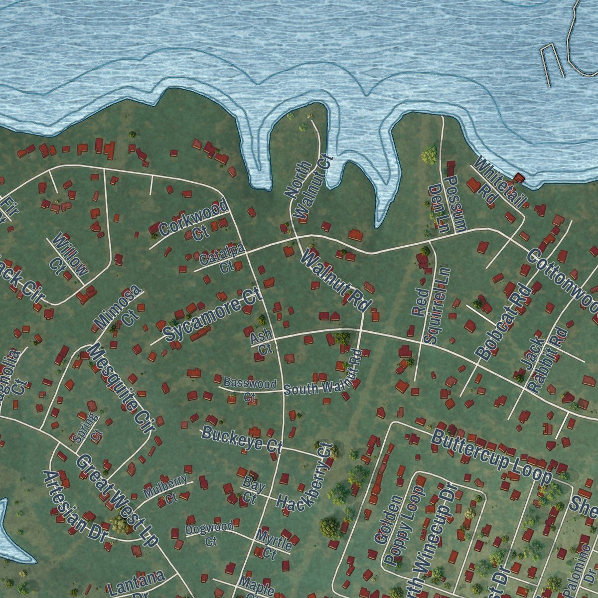 Second close-up of the map of Morgan's Point Resort, Texas print showing more streets and buildings