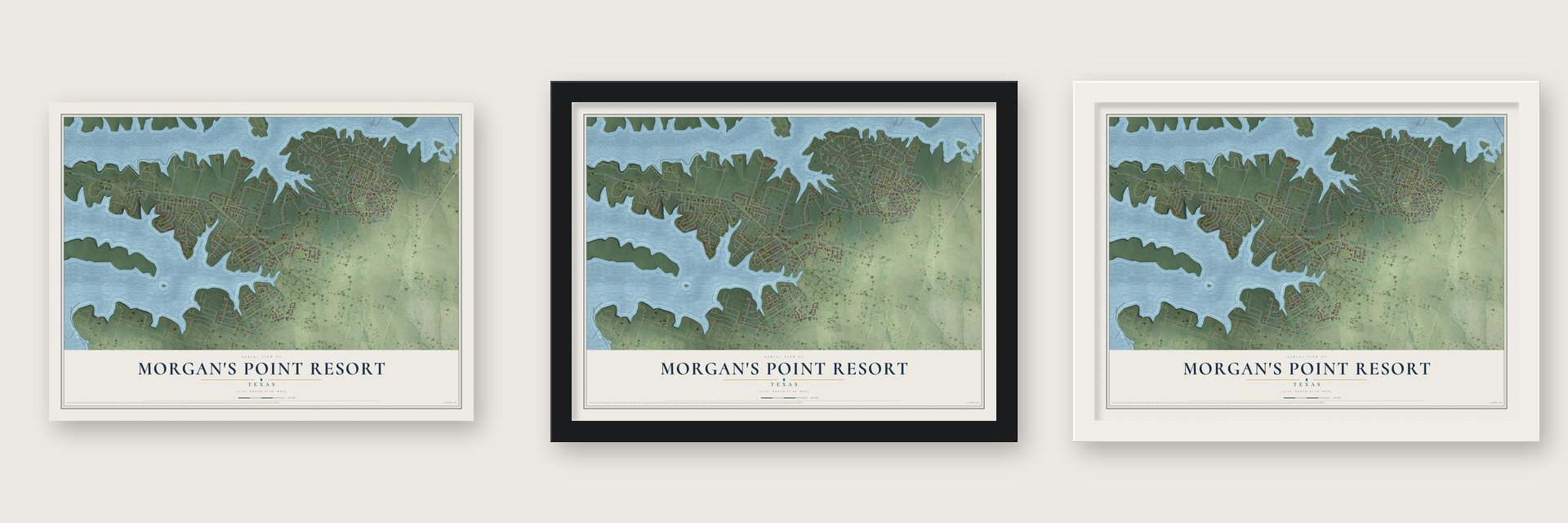 Morgan's Point Resort, Texas map unframed, in a black wood frame and in a white wood frame