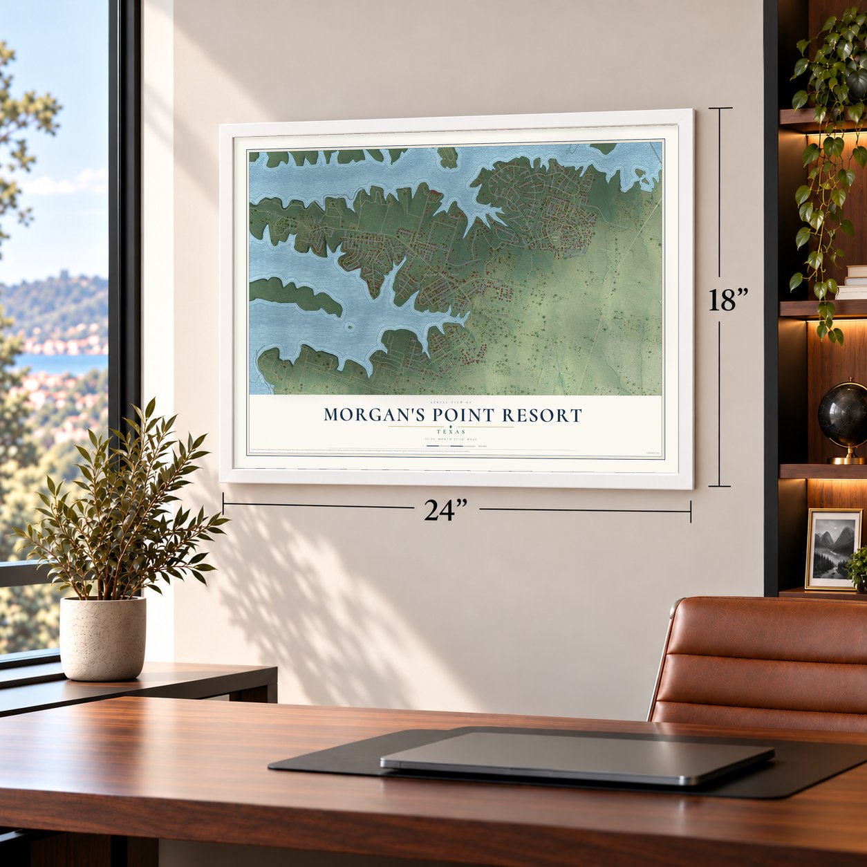 Morgan's Point Resort, Texas map, 18 x 24 inch print in a white frame in a home office
