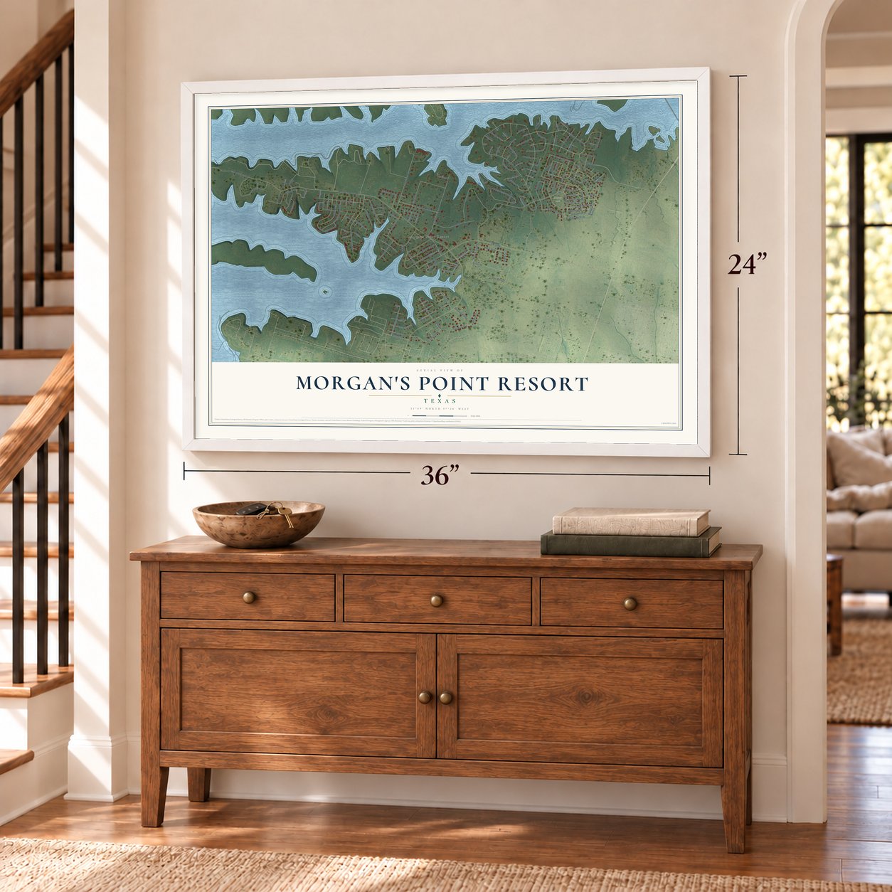 Morgan's Point Resort, Texas map, 24 x 36 inch print in a white frame above a dresser by a staircase