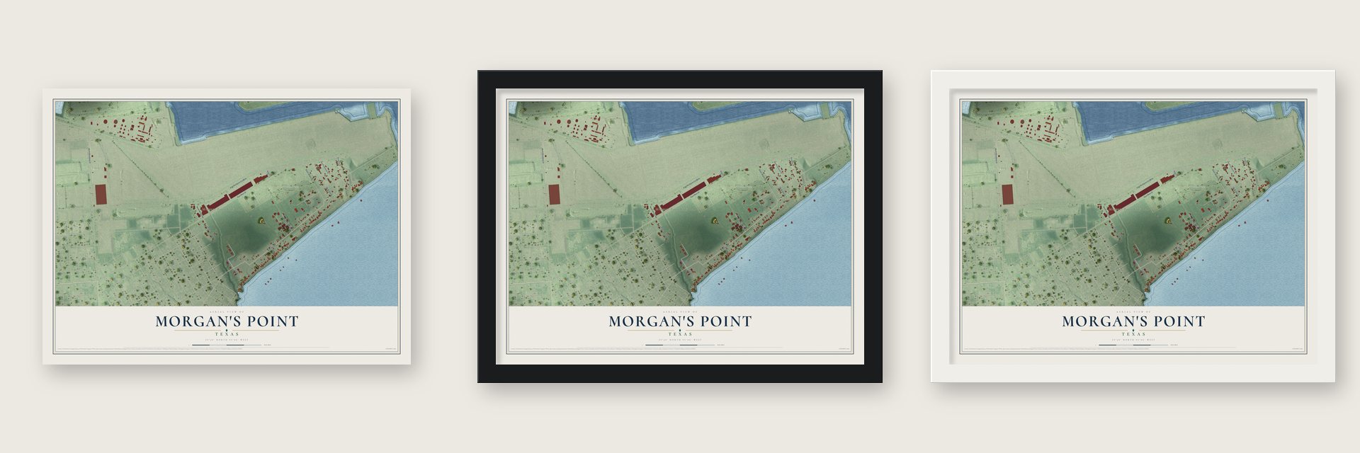 Morgan's Point, Texas map unframed, in a black wood frame and in a white wood frame