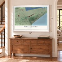 Morgan's Point, Texas map, 24 x 36 inch print in a white frame above a dresser by a staircase