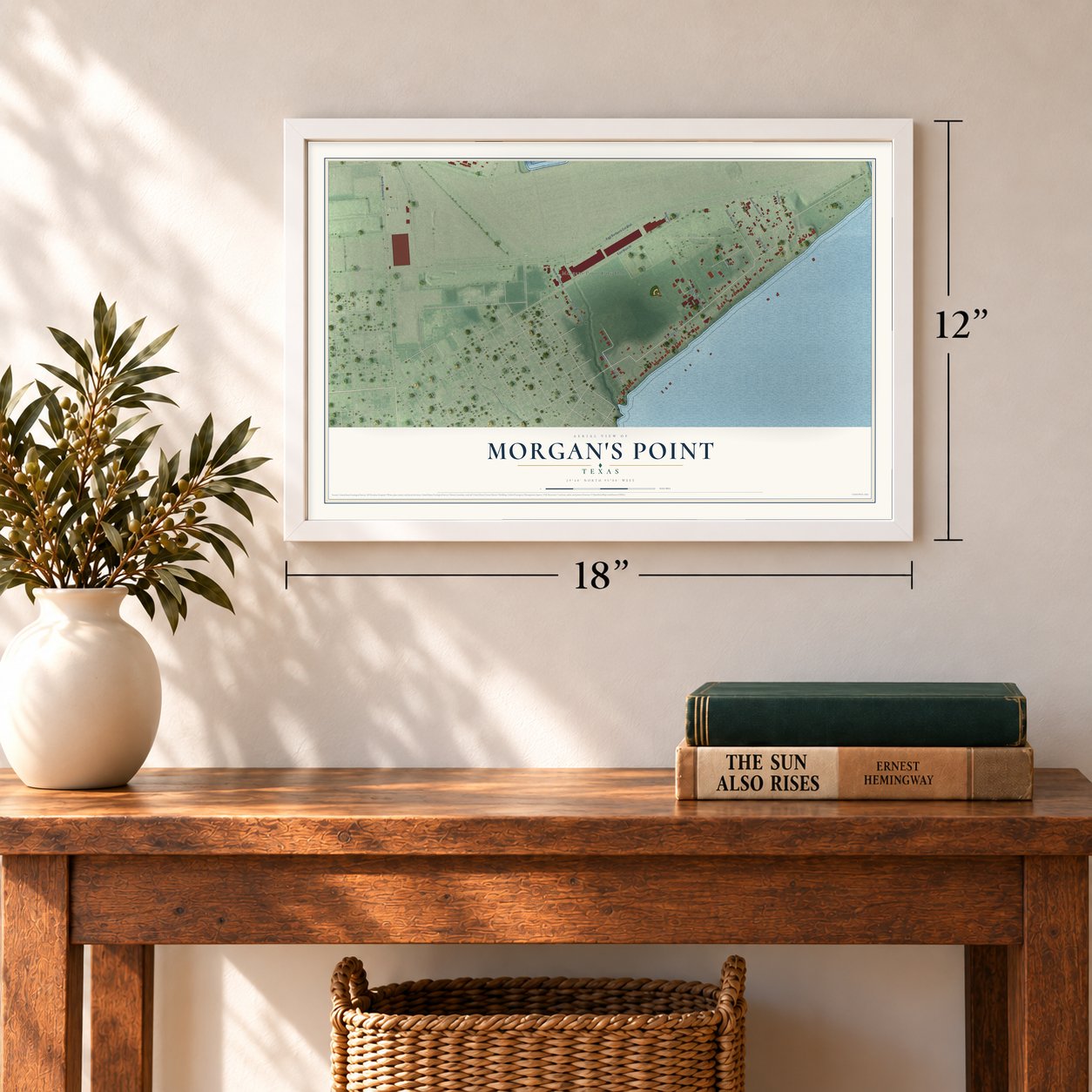 Morgan's Point, Texas map, 12 x 18 inch print in a white frame in an entryway