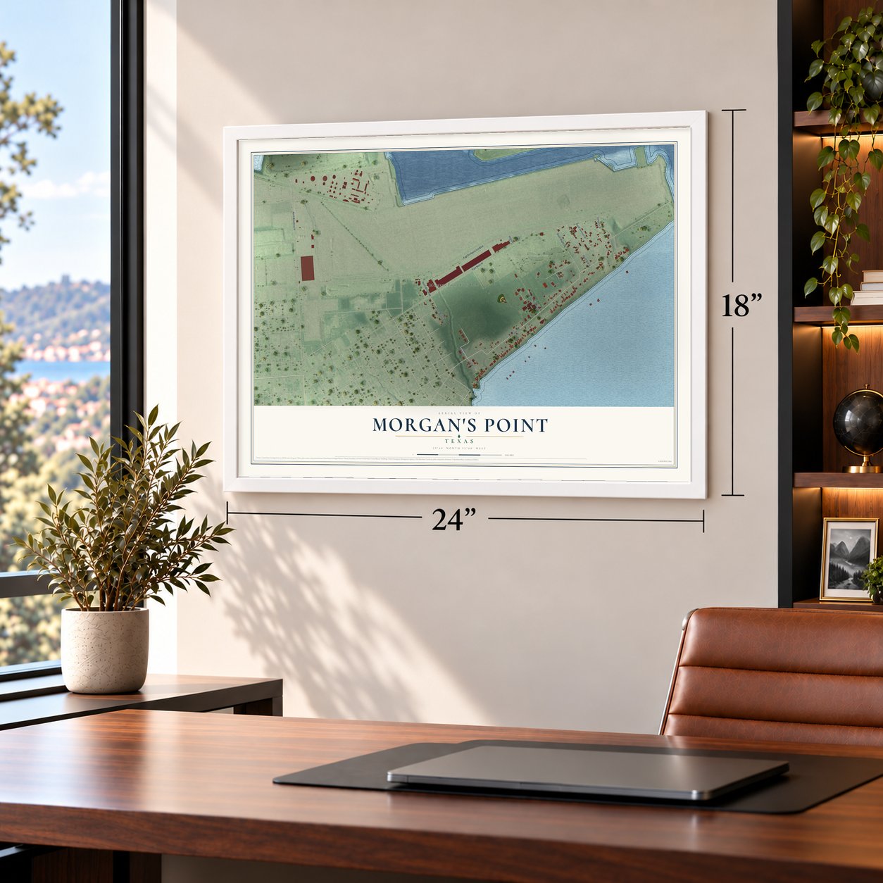 Morgan's Point, Texas map, 18 x 24 inch print in a white frame in a home office