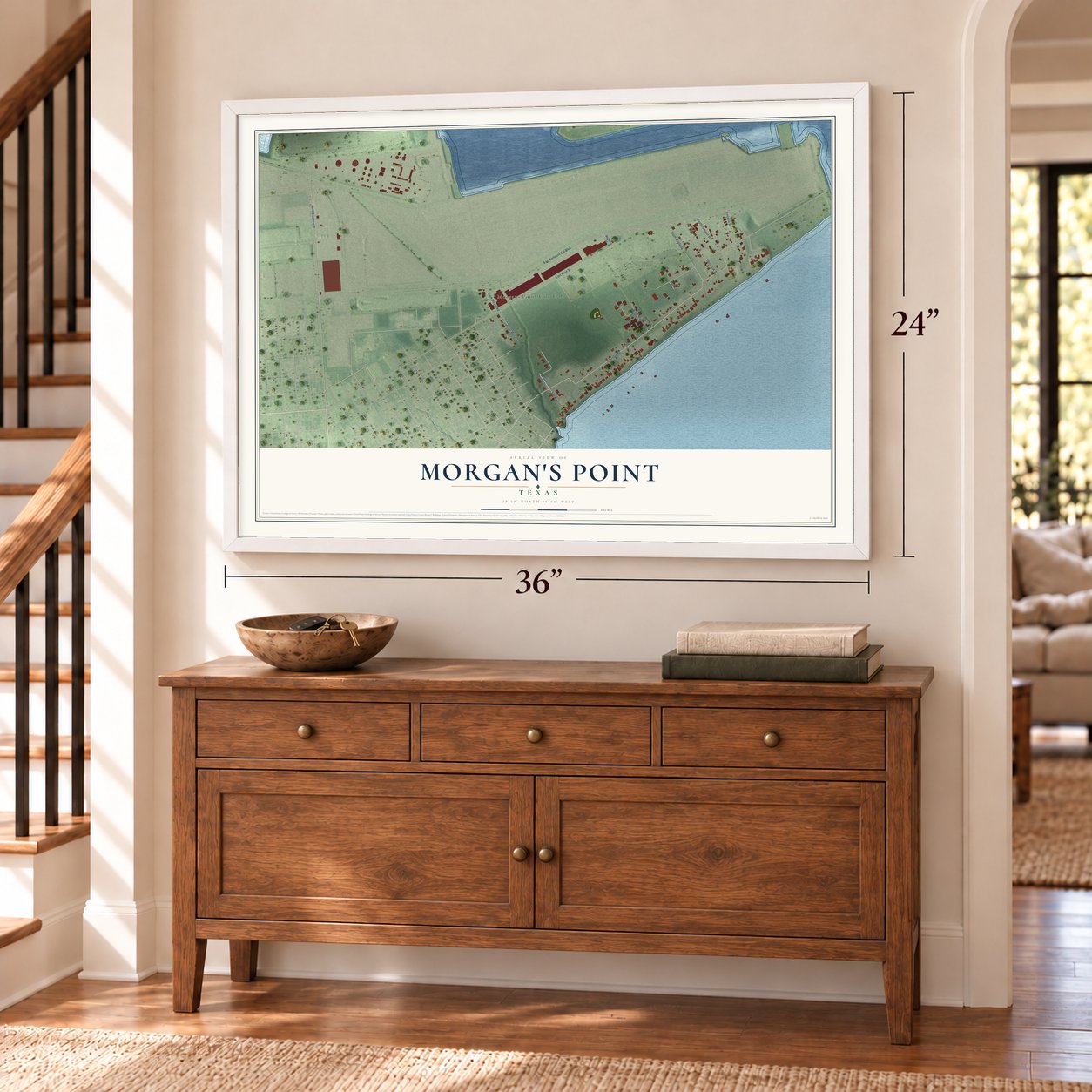 Morgan's Point, Texas map, 24 x 36 inch print in a white frame above a dresser by a staircase