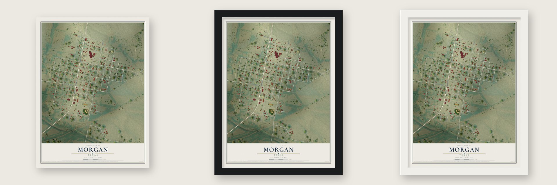 Morgan, Texas map unframed, in a black wood frame and in a white wood frame
