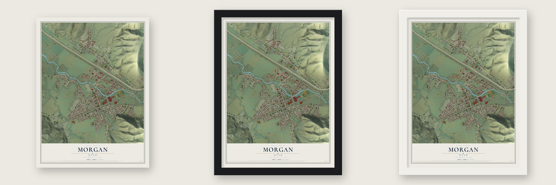 Morgan, Utah map unframed, in a black wood frame and in a white wood frame
