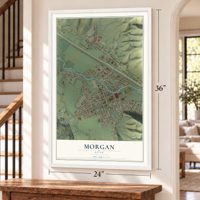 Morgan, Utah map, 24 x 36 inch print in a white frame by a staircase