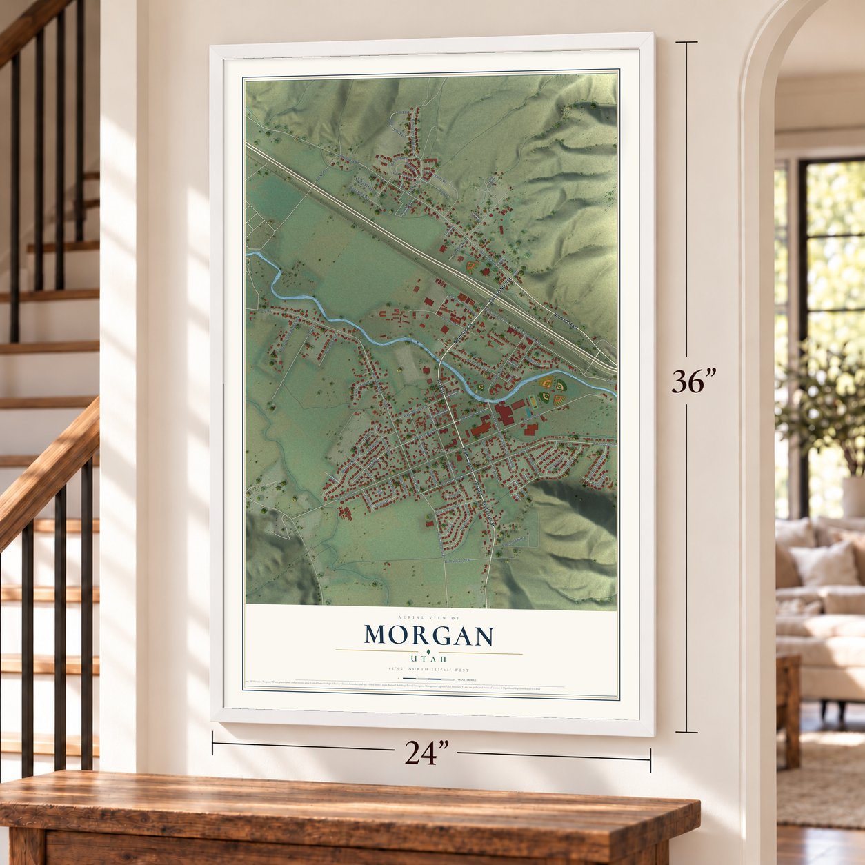 Morgan, Utah map, 24 x 36 inch print in a white frame by a staircase