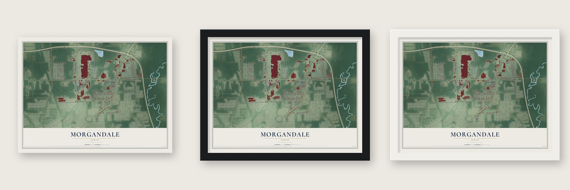 Morgandale, Ohio map unframed, in a black wood frame and in a white wood frame