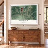 Morgandale, Ohio map, 24 x 36 inch print in a white frame above a dresser by a staircase
