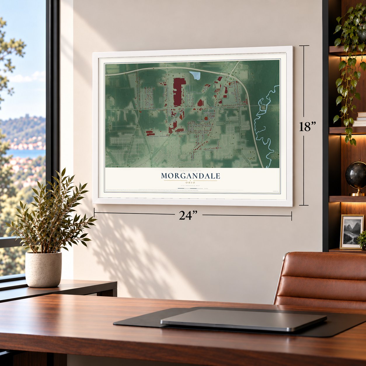Morgandale, Ohio map, 18 x 24 inch print in a white frame in a home office