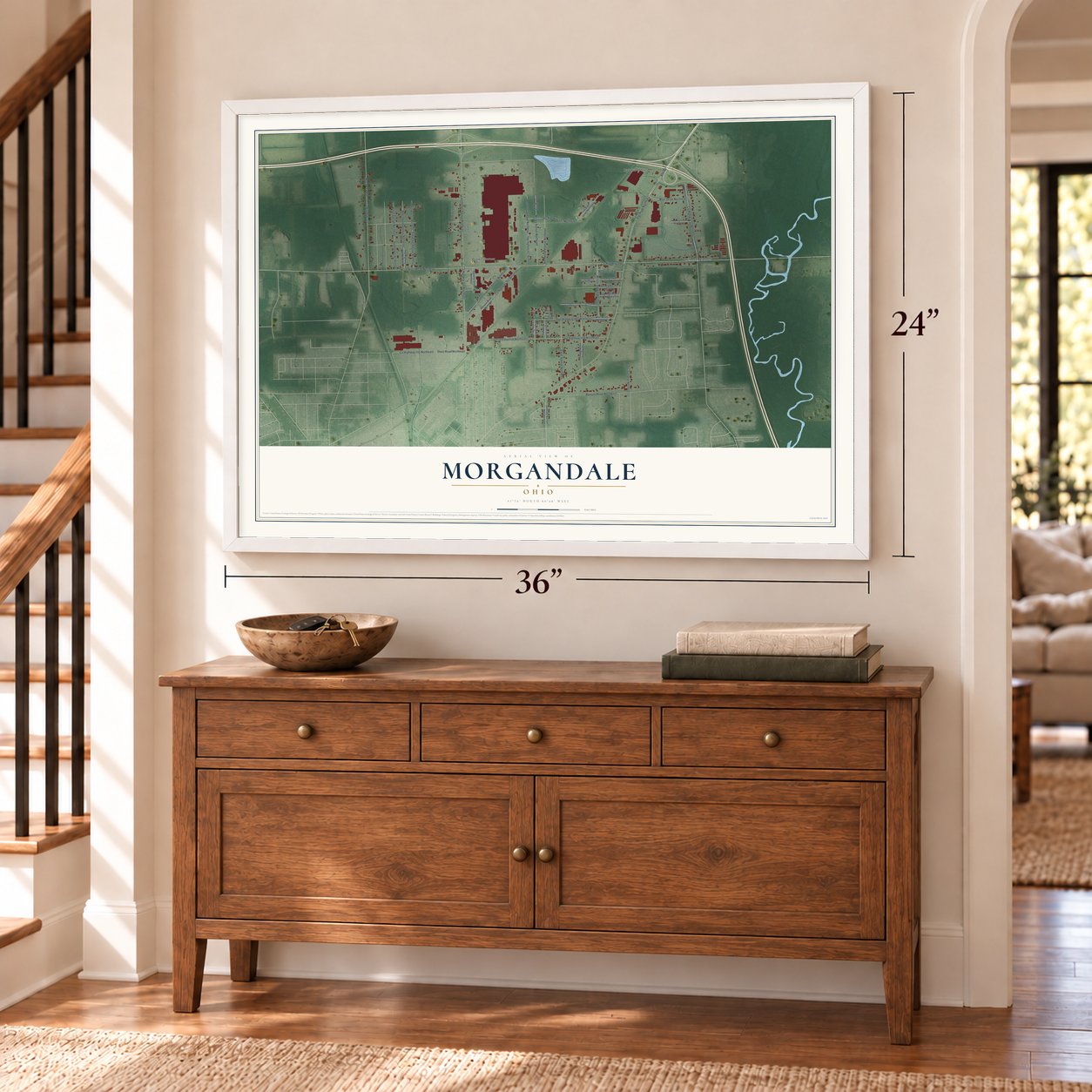 Morgandale, Ohio map, 24 x 36 inch print in a white frame above a dresser by a staircase