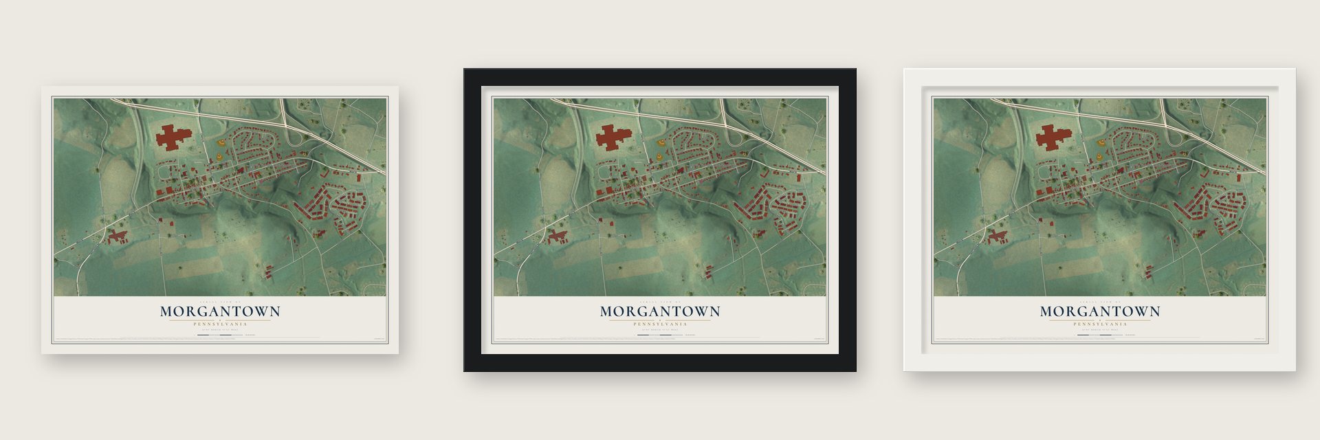 Morgantown, Pennsylvania map unframed, in a black wood frame and in a white wood frame