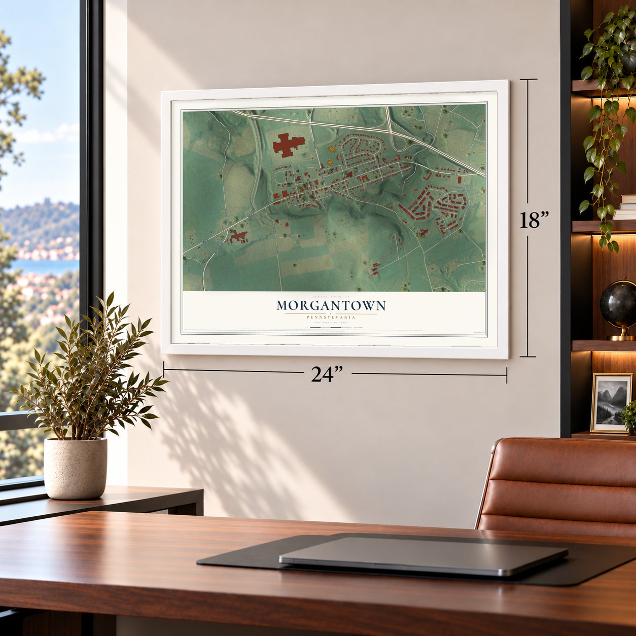 Morgantown, Pennsylvania map, 18 x 24 inch print in a white frame in a home office