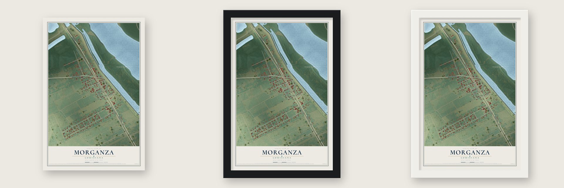 Morganza, Louisiana map unframed, in a black wood frame and in a white wood frame