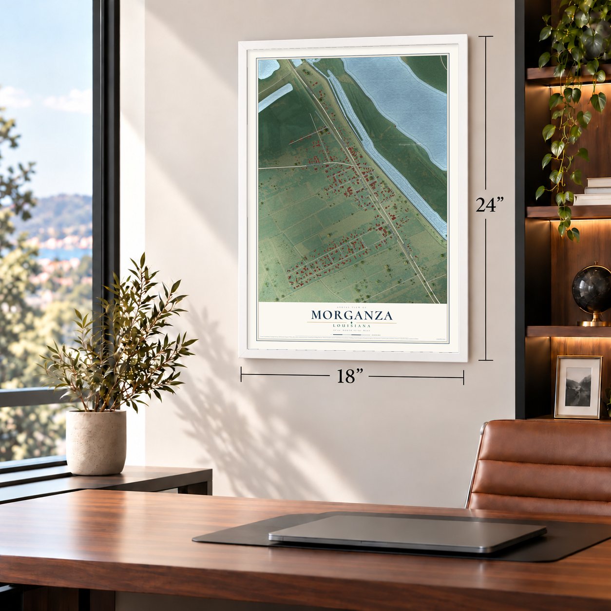 Morganza, Louisiana map, 18 x 24 inch print in a white frame in a home office