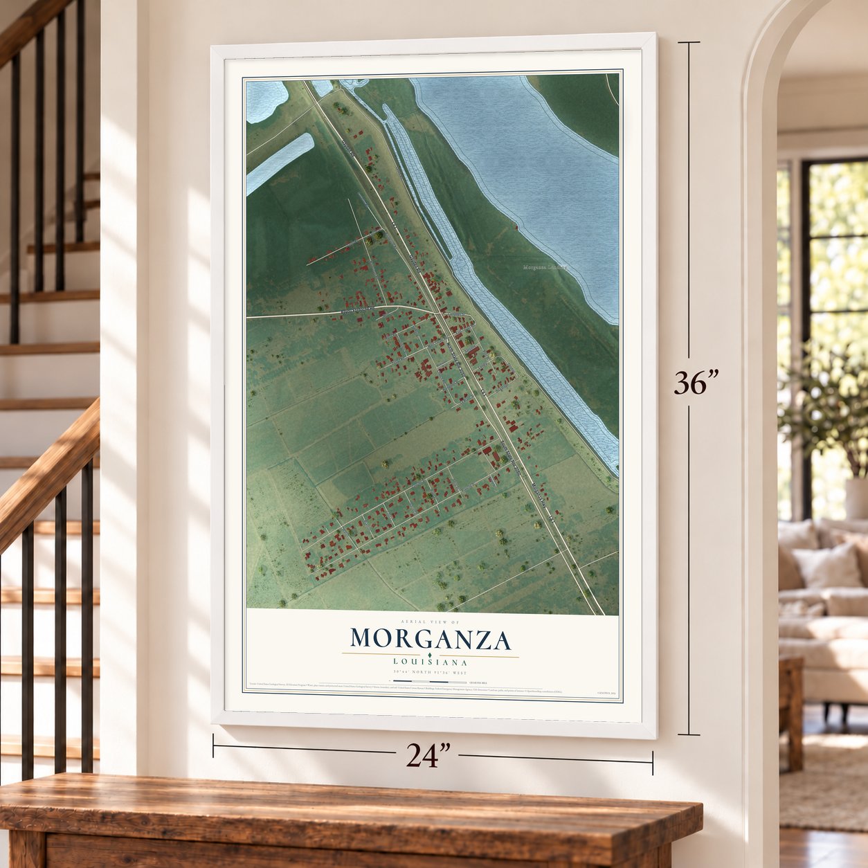 Morganza, Louisiana map, 24 x 36 inch print in a white frame by a staircase