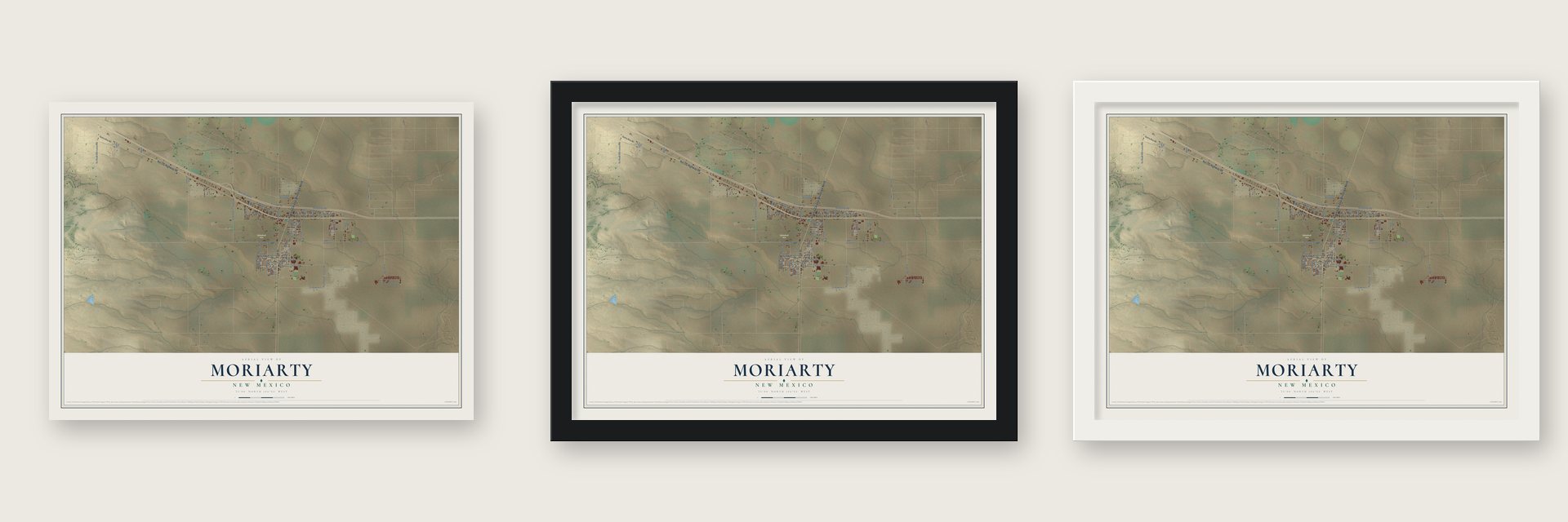 Moriarty, New Mexico map unframed, in a black wood frame and in a white wood frame