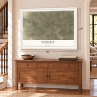 Moriarty, New Mexico map, 24 x 36 inch print in a white frame above a dresser by a staircase