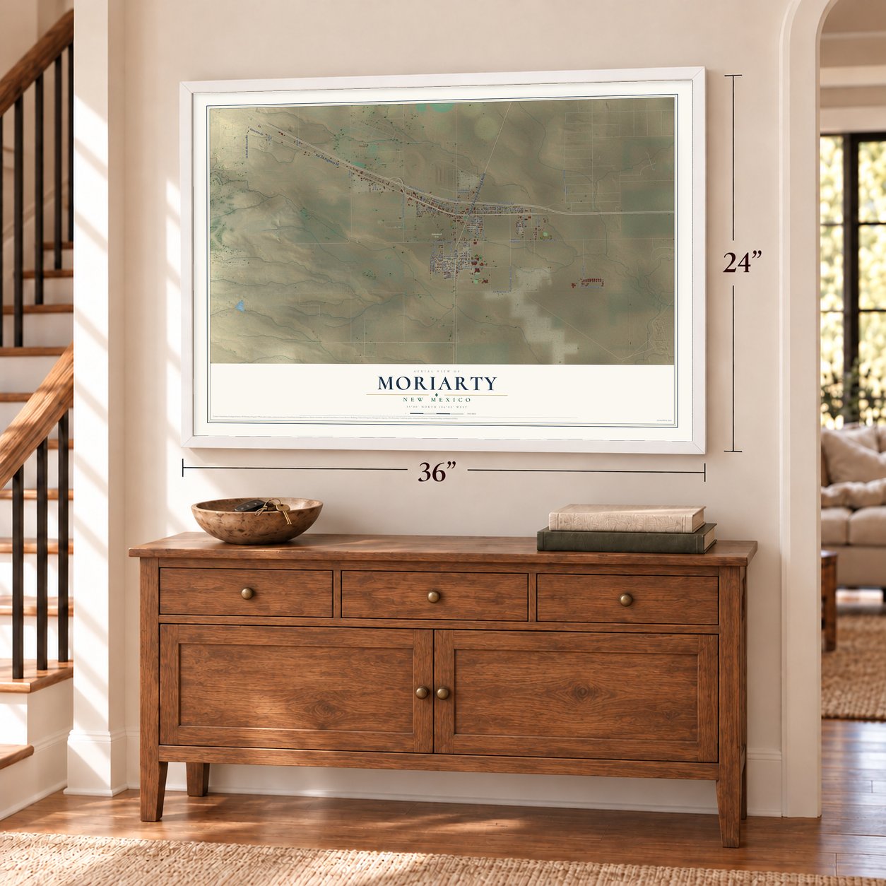 Moriarty, New Mexico map, 24 x 36 inch print in a white frame above a dresser by a staircase