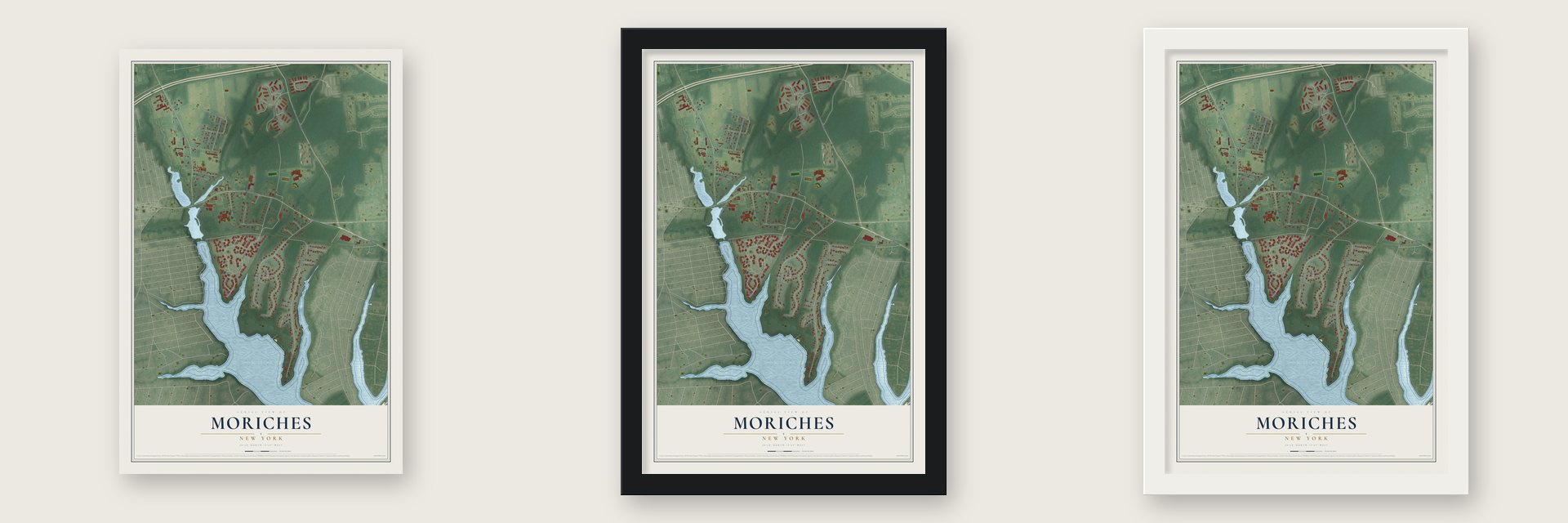 Moriches, New York map unframed, in a black wood frame and in a white wood frame