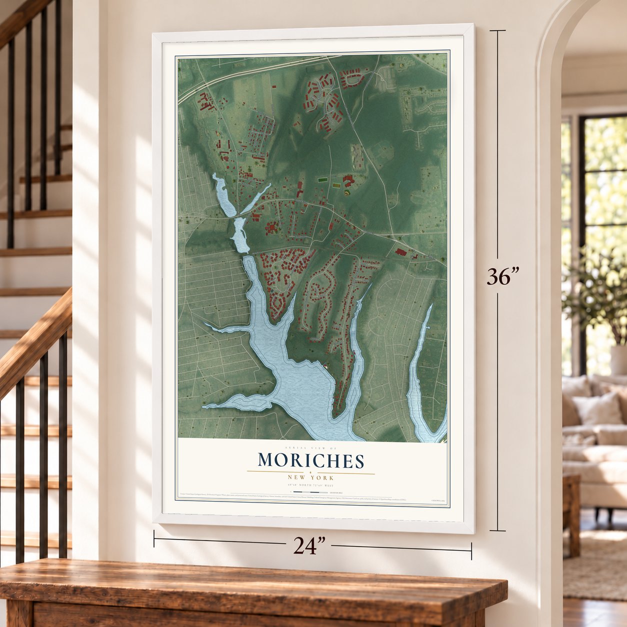 Moriches, New York map, 24 x 36 inch print in a white frame by a staircase