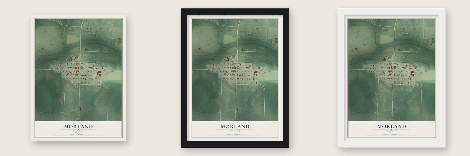 Morland, Kansas map unframed, in a black wood frame and in a white wood frame