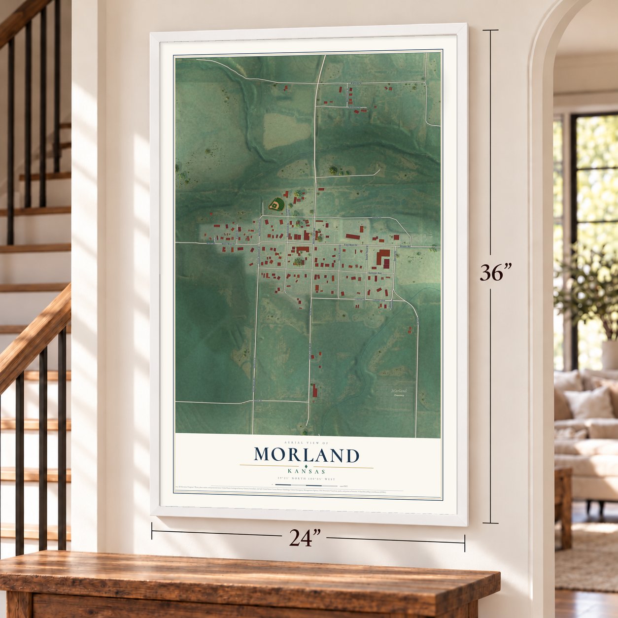 Morland, Kansas map, 24 x 36 inch print in a white frame by a staircase