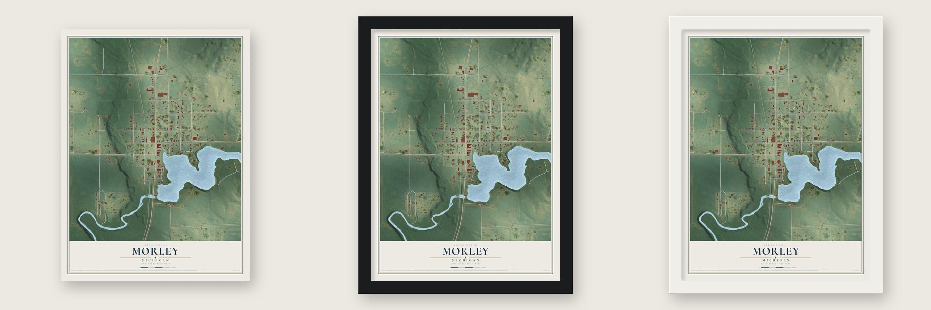 Morley, Michigan map unframed, in a black wood frame and in a white wood frame