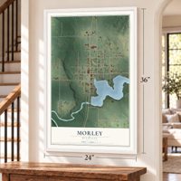 Morley, Michigan map, 24 x 36 inch print in a white frame by a staircase