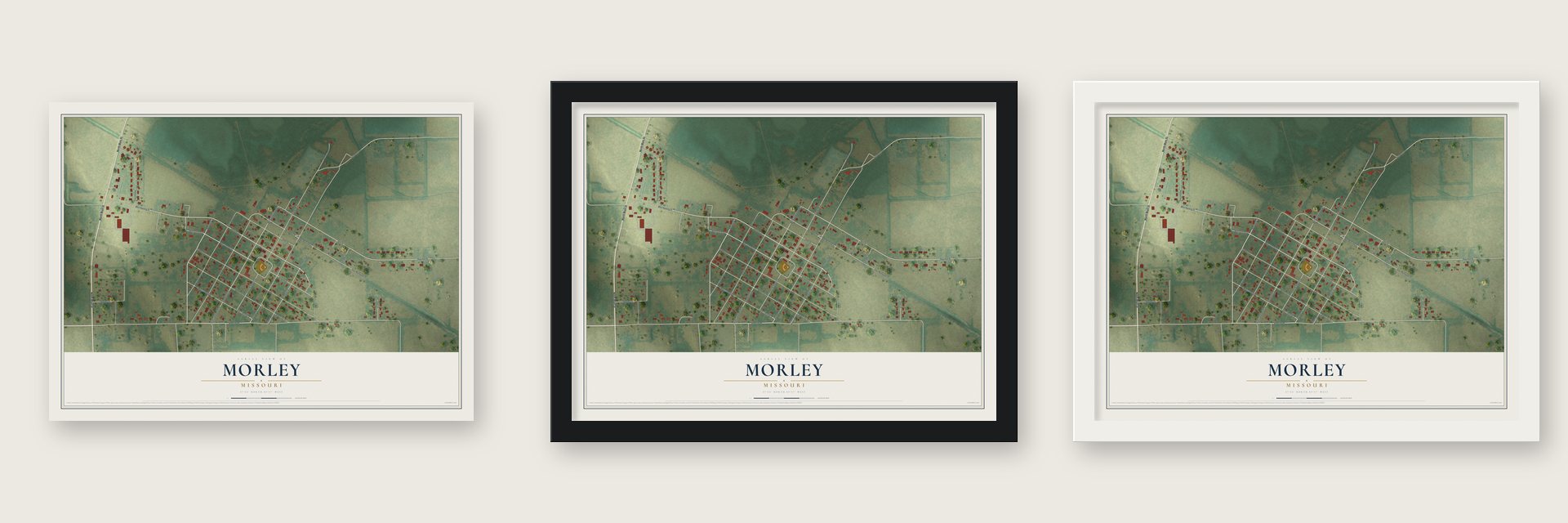 Morley, Missouri map unframed, in a black wood frame and in a white wood frame