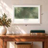 Morley, Missouri map, 12 x 18 inch print in a white frame in an entryway