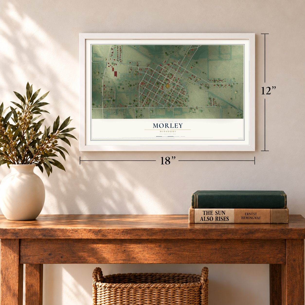 Morley, Missouri map, 12 x 18 inch print in a white frame in an entryway