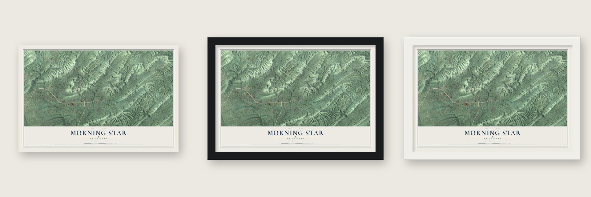Morning Star, Arkansas map unframed, in a black wood frame and in a white wood frame