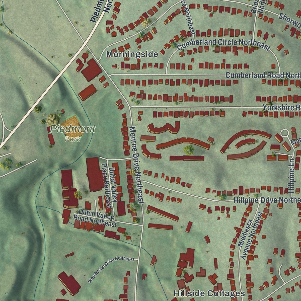 Second close-up of the map of Morningside-Lenox Park, Georgia print showing more streets and buildings