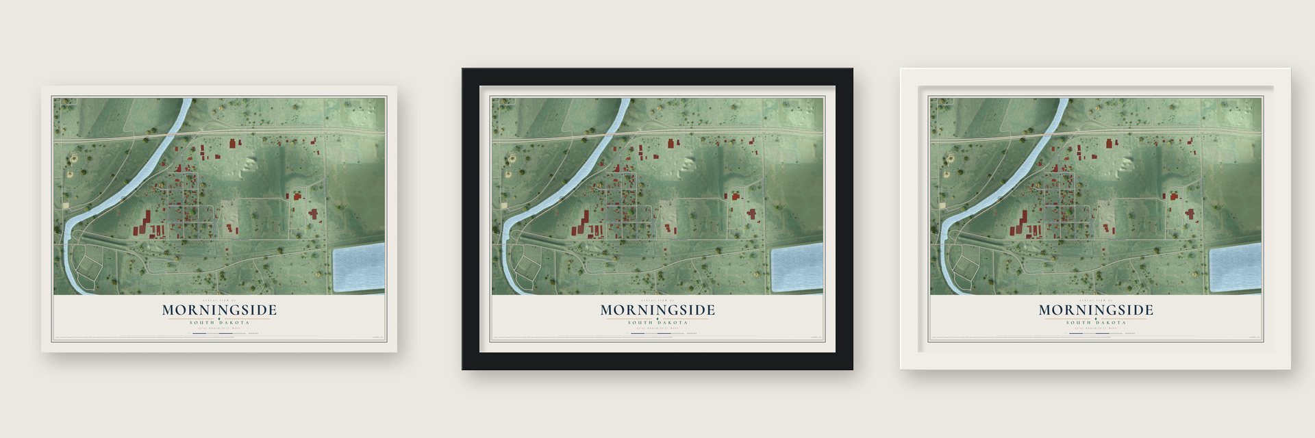 Morningside, South Dakota map unframed, in a black wood frame and in a white wood frame