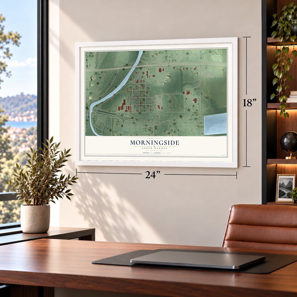 Morningside, South Dakota map, 18 x 24 inch print in a white frame in a home office