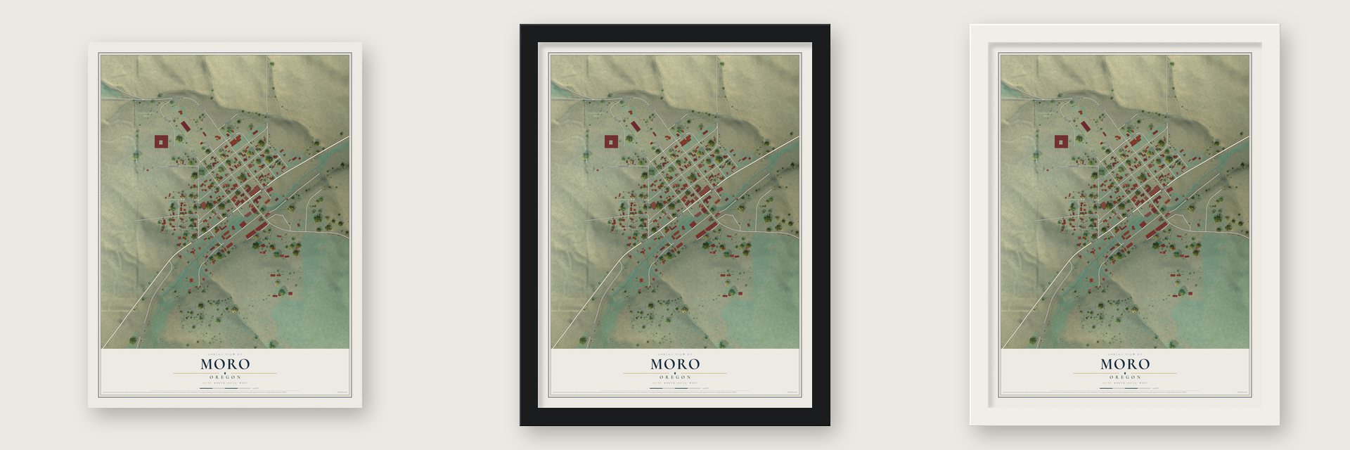 Moro, Oregon map unframed, in a black wood frame and in a white wood frame
