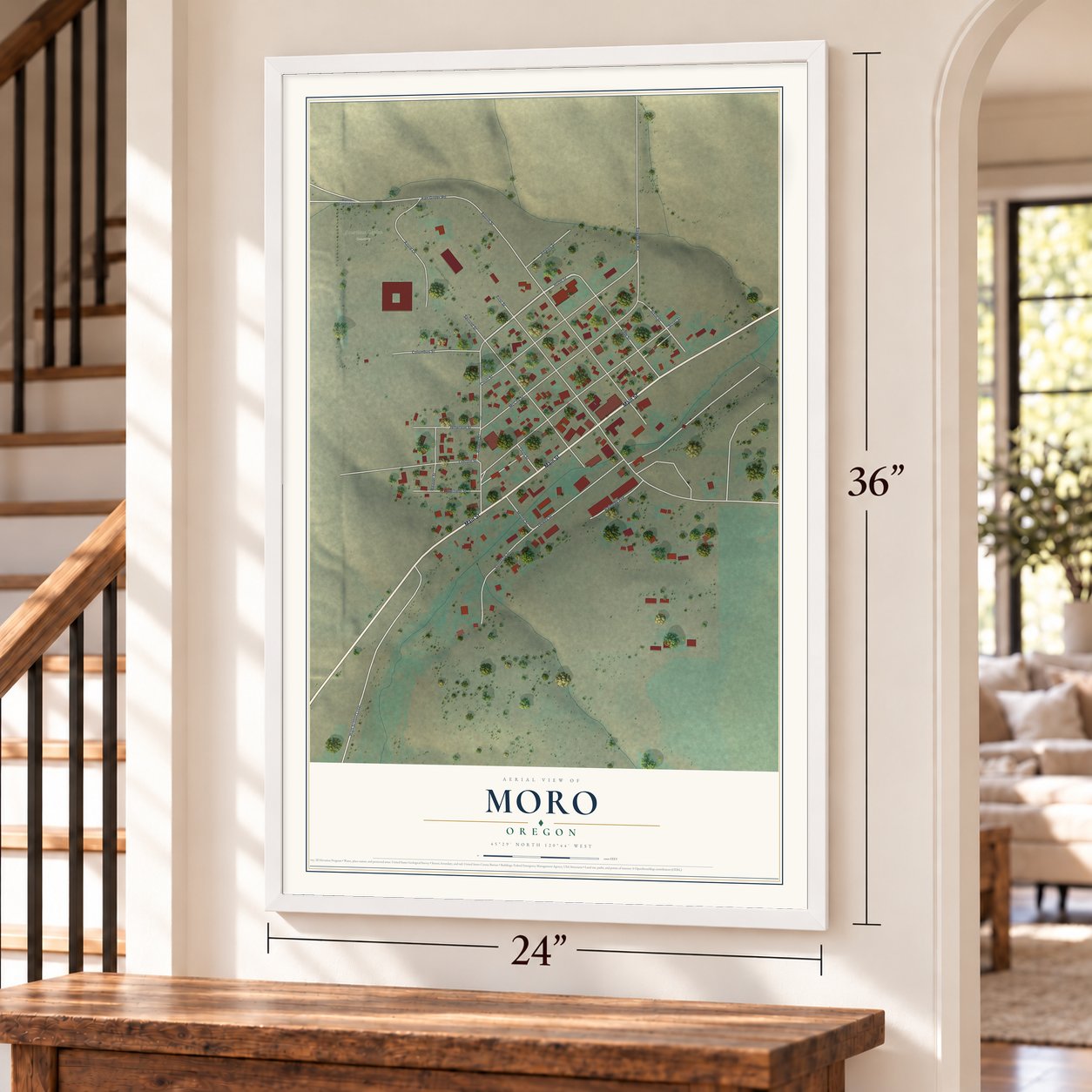 Moro, Oregon map, 24 x 36 inch print in a white frame by a staircase