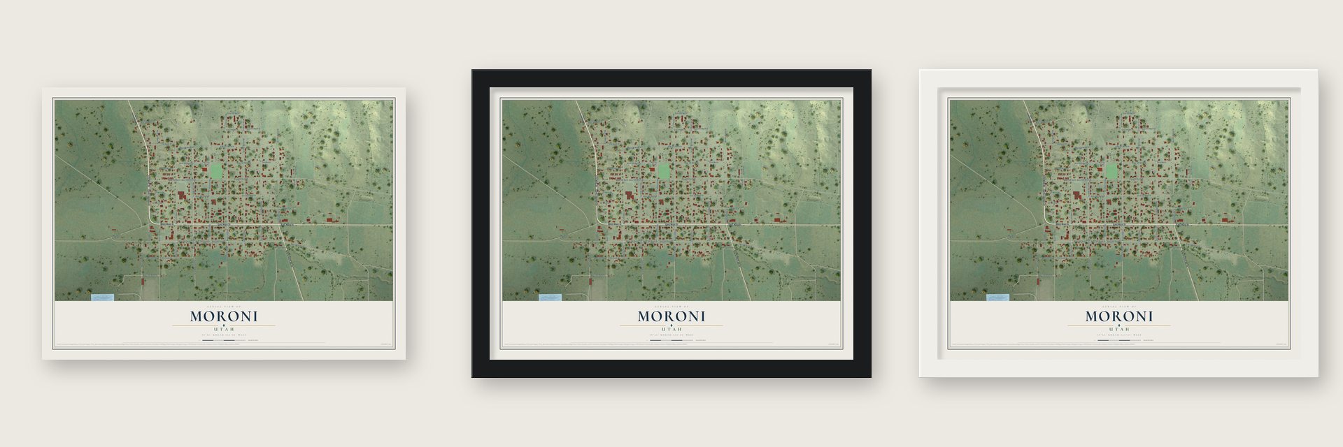 Moroni, Utah map unframed, in a black wood frame and in a white wood frame